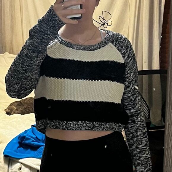 Express Crew Neck Heather Stripe Knit Crop Sweater Size M - Picture 1 of 5